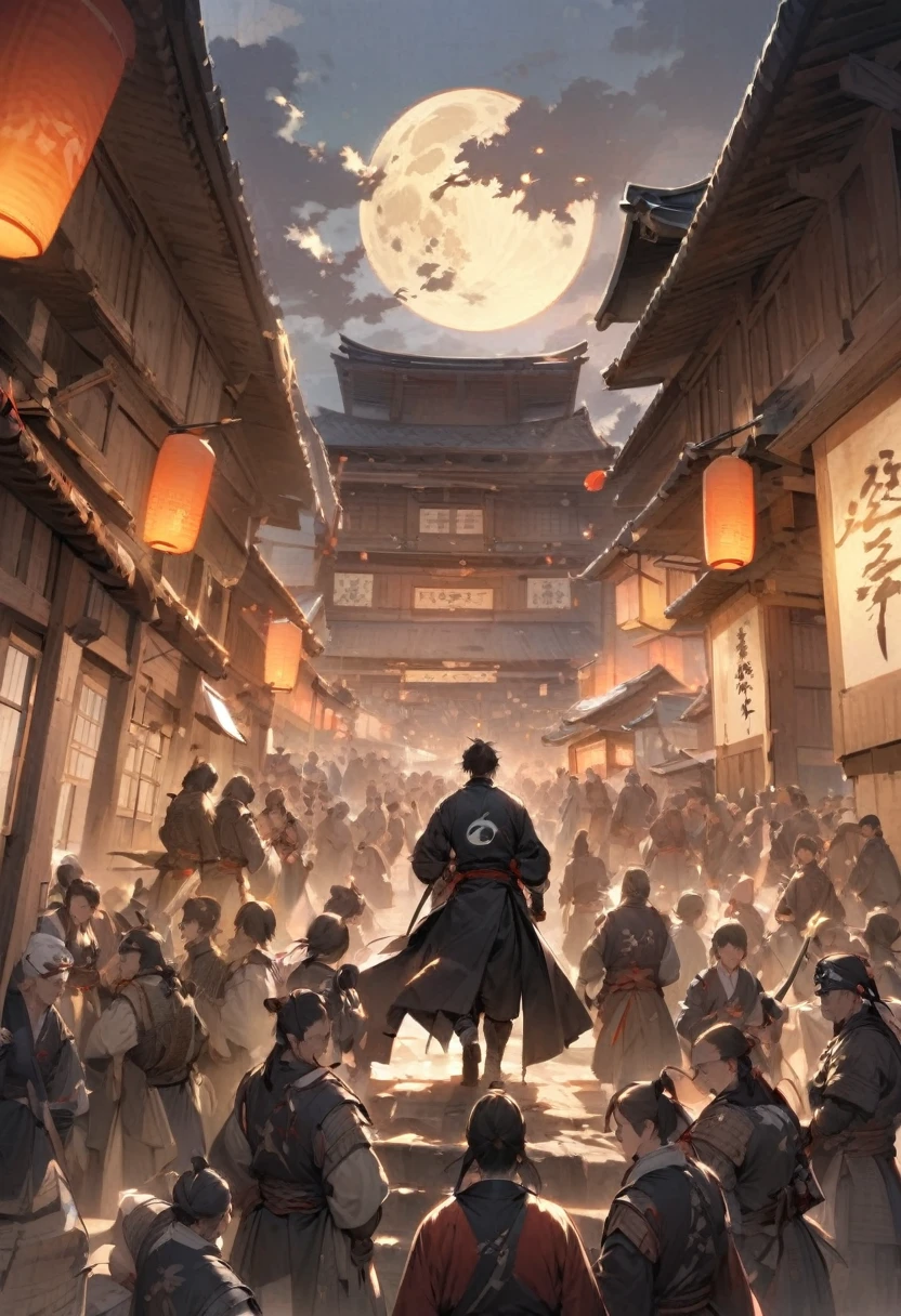  "A grand and inspiring scene set in a traditional Japanese village, where a large gathering of people listens intently to a storyteller recounting the legendary battle of a one-eyed samurai leader. The backdrop includes a towering cherry blossom tree in full bloom and a vibrant banner displaying the golden crescent moon, the symbol of the samurai's clan. The expressions of awe and reverence on the faces of the villagers reflect the profound impact of the leader's heroic deeds, his name now etched into the annals of history."