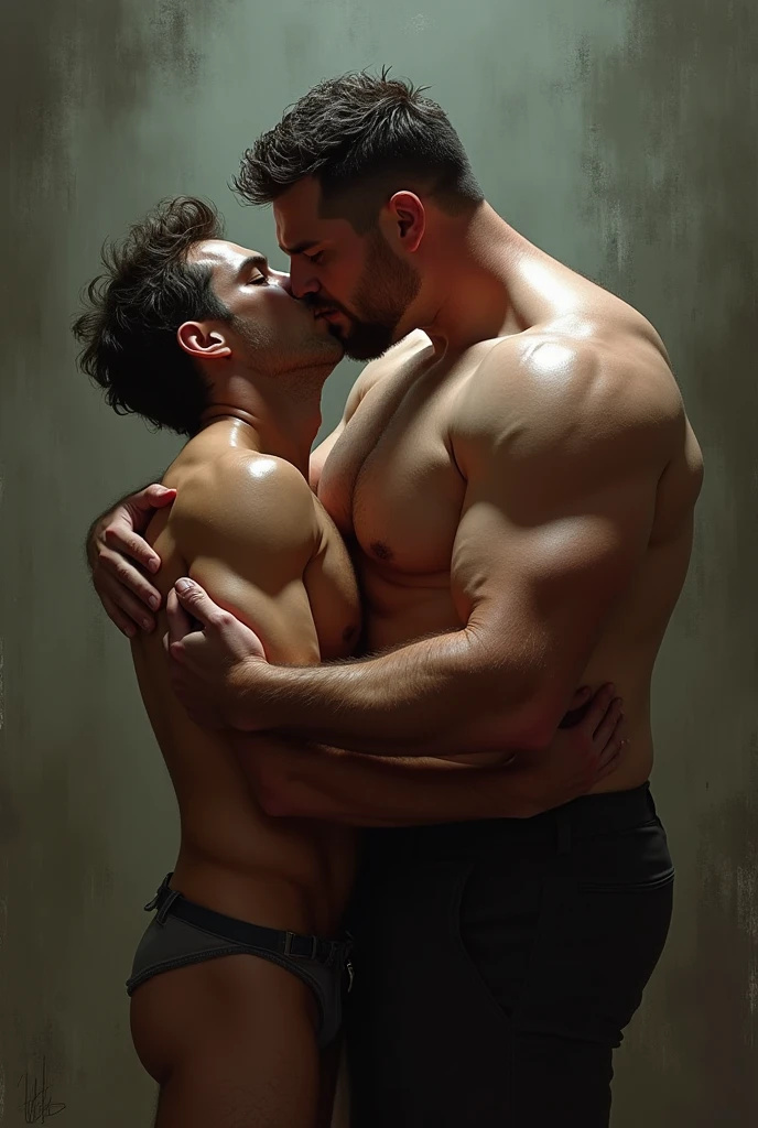 Big muscular man kissing a weak man with a lot of passion and tongue 
