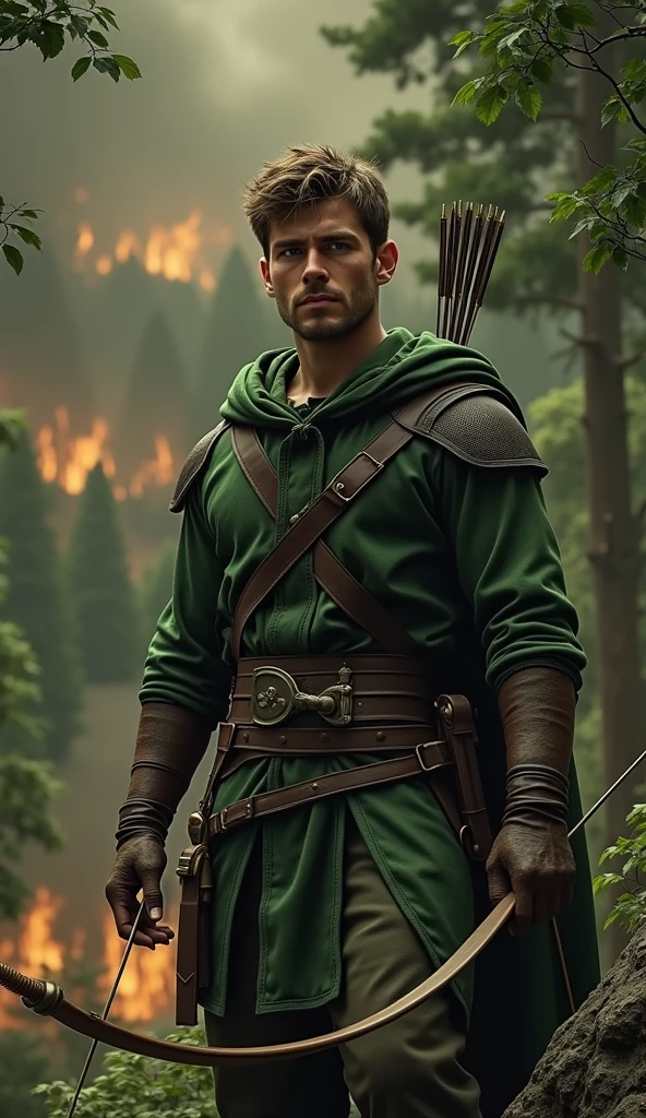 Close-up shot, Low angle shot, (Close-up shot, Low angle shot, (Robin Hood, standing at the edge of a cliff with the dense forest behind him, surveys the scene with a calm yet calculating expression. Below, the Sheriff’s soldiers encircle the forest, their torches flickering in the growing darkness. The Sheriff himself stands on a nearby hill, a sinister smile on his face as he watches his men close in. The background is a dramatic, stormy sky with dark clouds gathering, adding to the sense of impending danger.) unreal engine, 35mm lens, cinematic, highly detailed, hyper-realistic, ultra-realistic HD --q 2 --v 6.1 --ar 9:16 ) unreal engine, 35mm lens, cinematic, highly detailed, hyper-realistic, ultra-realistic HD --q 2 --v 6.1 --ar 9:16