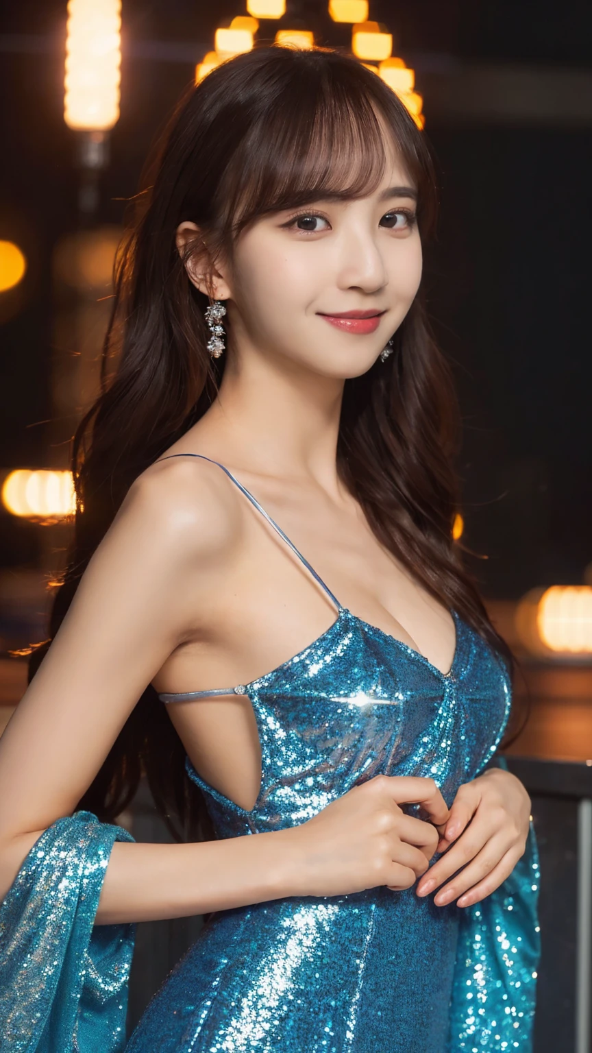 1girl,(wearing a blue glittery evening dress:1.2),(RAW photo, best quality), (realistic, photo-realistic:1.4), masterpiece, an extremely delicate and beautiful, extremely detailed, 2k wallpaper, Amazing, finely detail, extremely detailed CG unity 8k wallpaper, ultra-detailed, highres, soft light, beautiful detailed girl, extremely detailed eyes and face, beautiful detailed nose, beautiful detailed eyes,cinematic lighting,city lights at night,perfect anatomy,slender body,light smile,close up,(long hair with bangs), tight breast