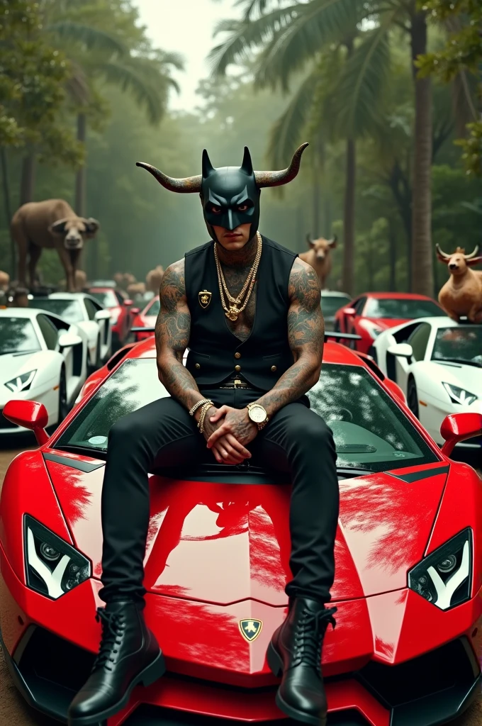 a tattooed man , with gold chain, Rolex, Batman Mask, vest with roller lettering, she on top of a red Lamborghini, with a small bull roulette on top of the car, playing roulette,several white Lamborghinis around , in a circle and the red Lamborghini in the middle in an environment with several animals in the middle of the jungle