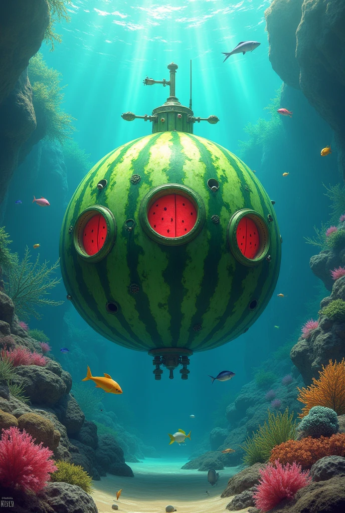 masterpiece, Highest quality, High resolution, High definition、Under the sea、watermelon submarine、Spherical、seabed、Marine ecosystem、