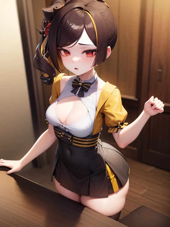 busty, small waist, standing with hands on a table, unbuttoned yellow shirt, black skirt