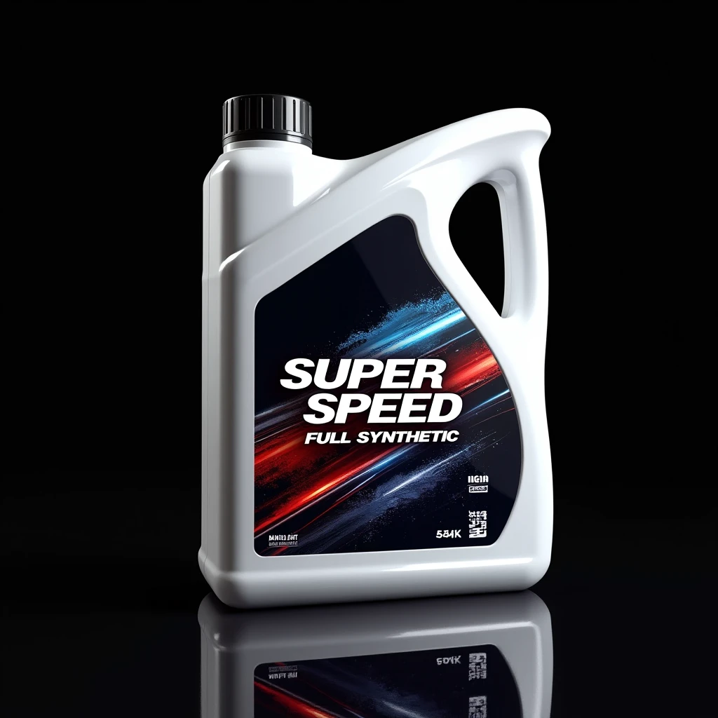 The design of a car engine oil  WHITE bottel, mad splash emgine oil racing TUNED car on black simple background, The title at the top reads «SUPER SPEED: FULL SYNTIHETIC» in stark, bold letters. very detailed, color splashes, 54k, uhd, masterpiece