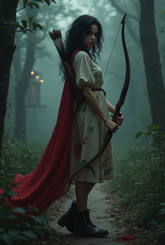 A girl age 18,with smooth tanned almond skin, dark messy curly hair, right eye had red pupil left eye had purple pupil, with a summer cream dress printed with greenish red flowers with one side having long sleeve and the other side having a short sleeve, right hand holding a bag full of arrows and her left hand holding her bow made out of copper and wood, with a red bloody cape hanging below her foot with its hood slightly covering her head, wearing a leather 2inch heel boots meant for hunting, standing in the middle of a dark woods, following a path leading to an abandoned cabin with laterns hanging outside of it. With dark aesthetic and fire flies can be seen in some of the trees in the woods.