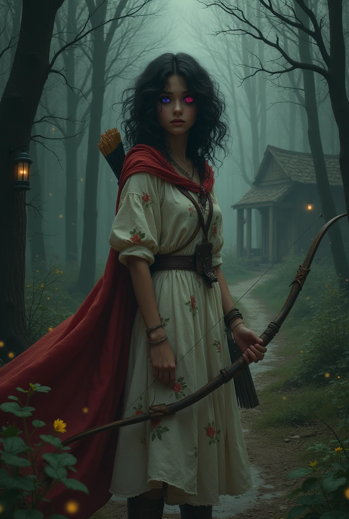A girl age 18,with smooth tanned almond skin, dark messy curly hair, right eye had red pupil left eye had purple pupil, with a summer cream dress printed with greenish red flowers with one side having long sleeve and the other side having a short sleeve, right hand holding a bag full of arrows and her left hand holding her bow made out of copper and wood, with a red bloody cape hanging below her foot with its hood slightly covering her head, wearing a leather 2inch heel boots meant for hunting, standing in the middle of a dark woods, following a path leading to an abandoned cabin with laterns hanging outside of it. With dark aesthetic and fire flies can be seen in some of the trees in the woods.