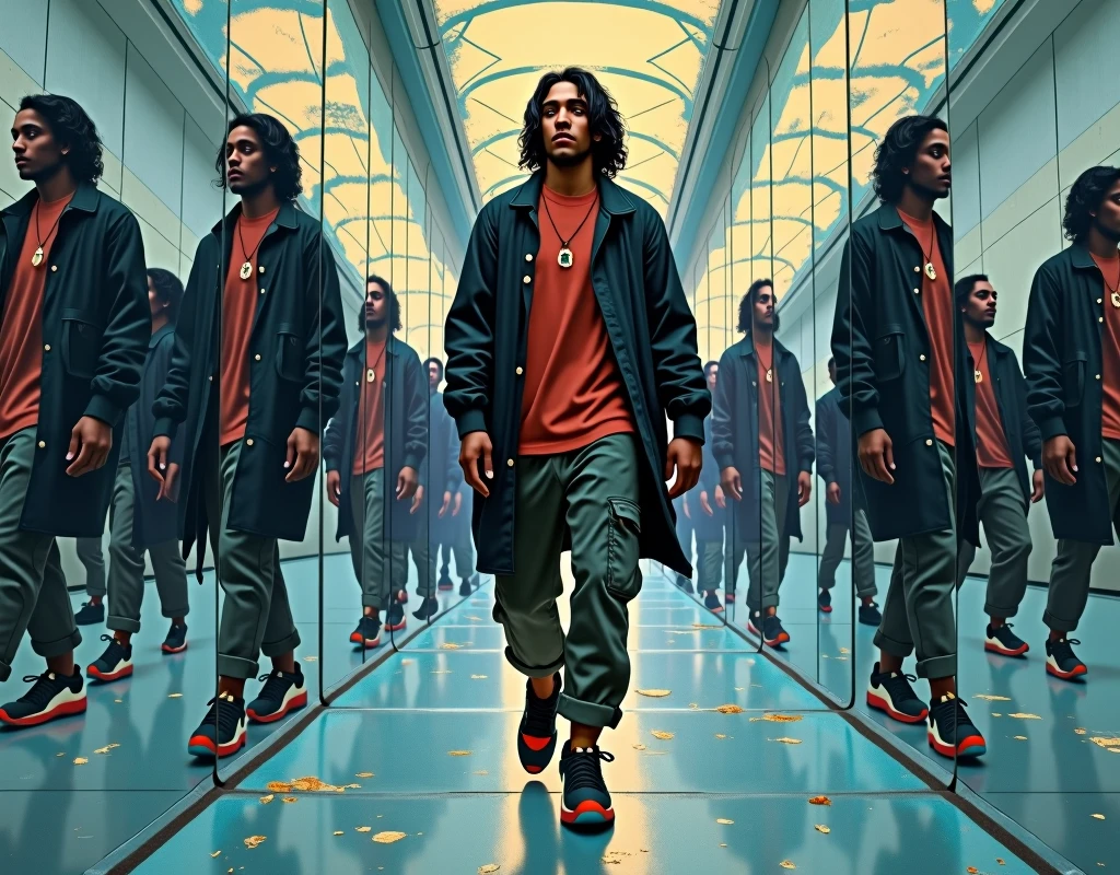 create a cover for an album where I appear as a 2 young man of 1.85 tall with dark skin and long wavy hair a little below the shoulders wearing loose clothing walking down a hallway full of psychedelic mirrors with her same reflection but with different facial expressions, Detailed clothing wearing cargo pants and a black coat, Nike shoes and a small earring.