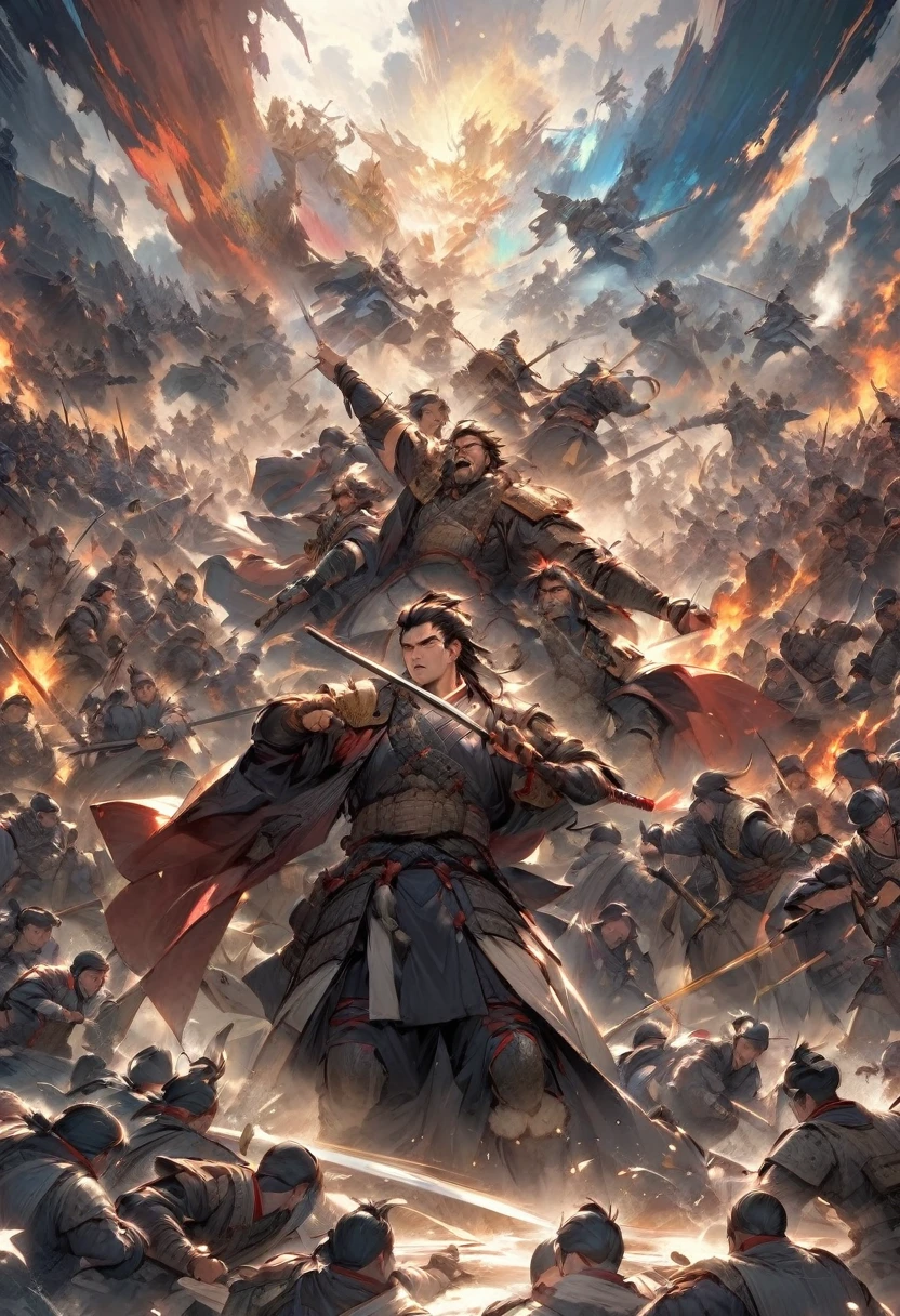 "A powerful moment in a grand hall, where an artist paints a large mural depicting a samurai warrior with a distinctive eye patch, leading his troops to victory in a legendary battle. The mural is vibrant, with dynamic strokes that capture the energy and intensity of the conflict. Surrounding the artist, a group of scholars and warriors admire the work, their expressions filled with respect and admiration as they discuss the enduring legacy of the leader, whose name has become synonymous with bravery and tactical genius."