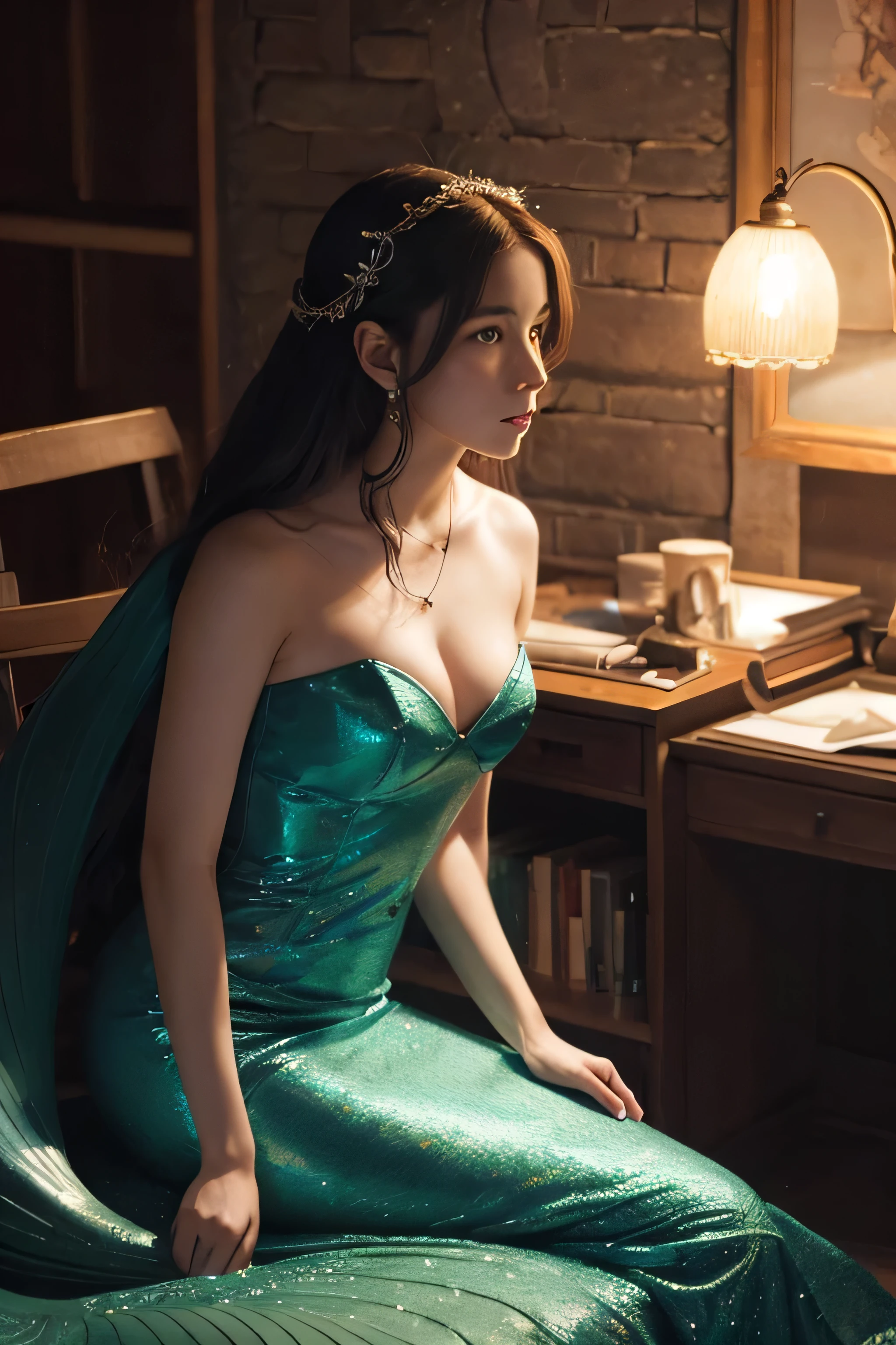 Mermaid portrait of Queen Elizabeth , Realistic shadows, The finer details. Night setting. Very anime style. Realistic shadows lighting poster by Ilya Kuvshinov Katsuhiro, magali villeneuve, ArtJam, Jeremy Lipkin and Michael Garmash, rob rey and kentaro miura style, Talked about at the art station