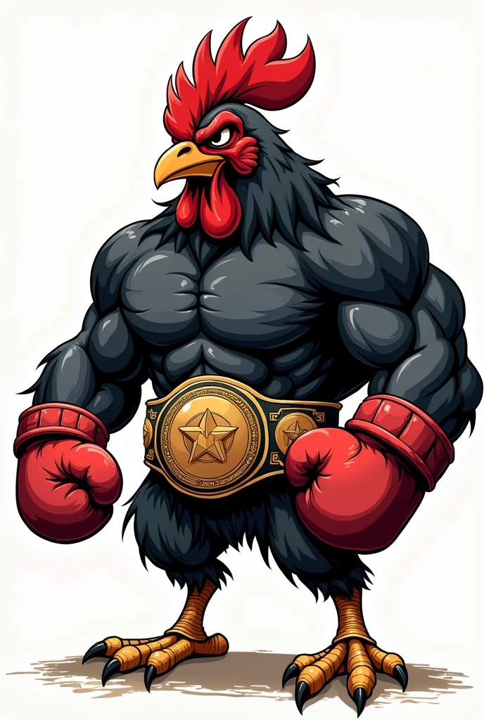 angry black chicken muscle wear boxing gloves,  champion belt. doodle image