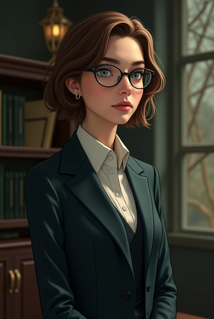 A with short brown bob hair, blue eyes, wearing glasses, a pretty face, fair skin, in Slytherin, with a good figure, wearing a suit.
