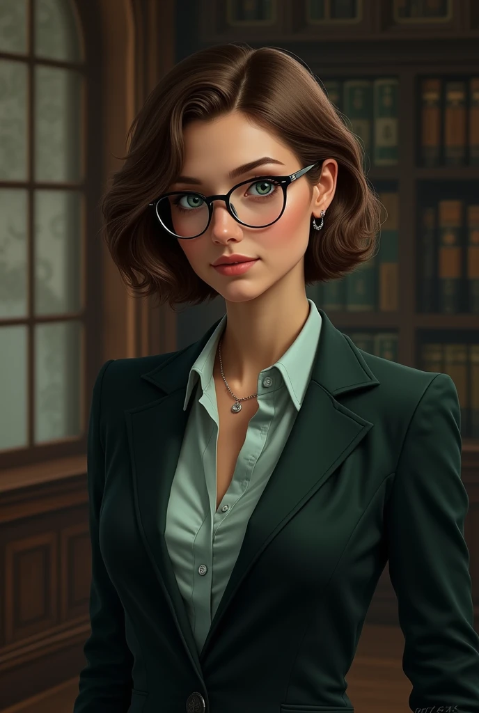 A with short brown bob hair, blue eyes, wearing glasses, a pretty face, fair skin, in Slytherin, with a good figure, wearing a suit.