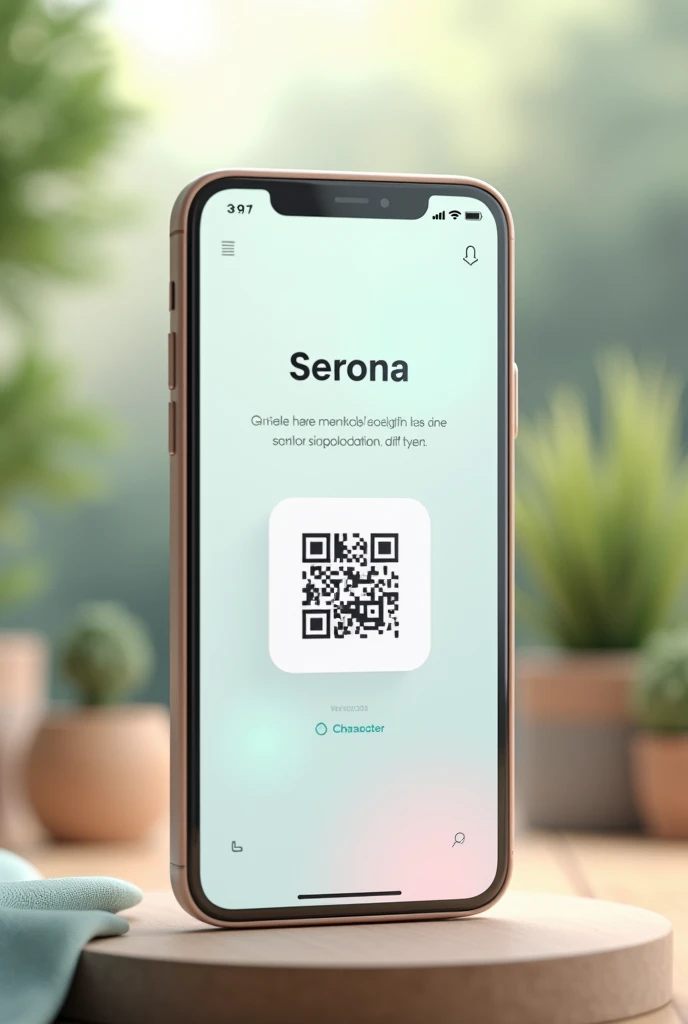 Help me generate images that represent the prototype of a mental health app called SERENA that is displayed on a cell phone, also show name and qr