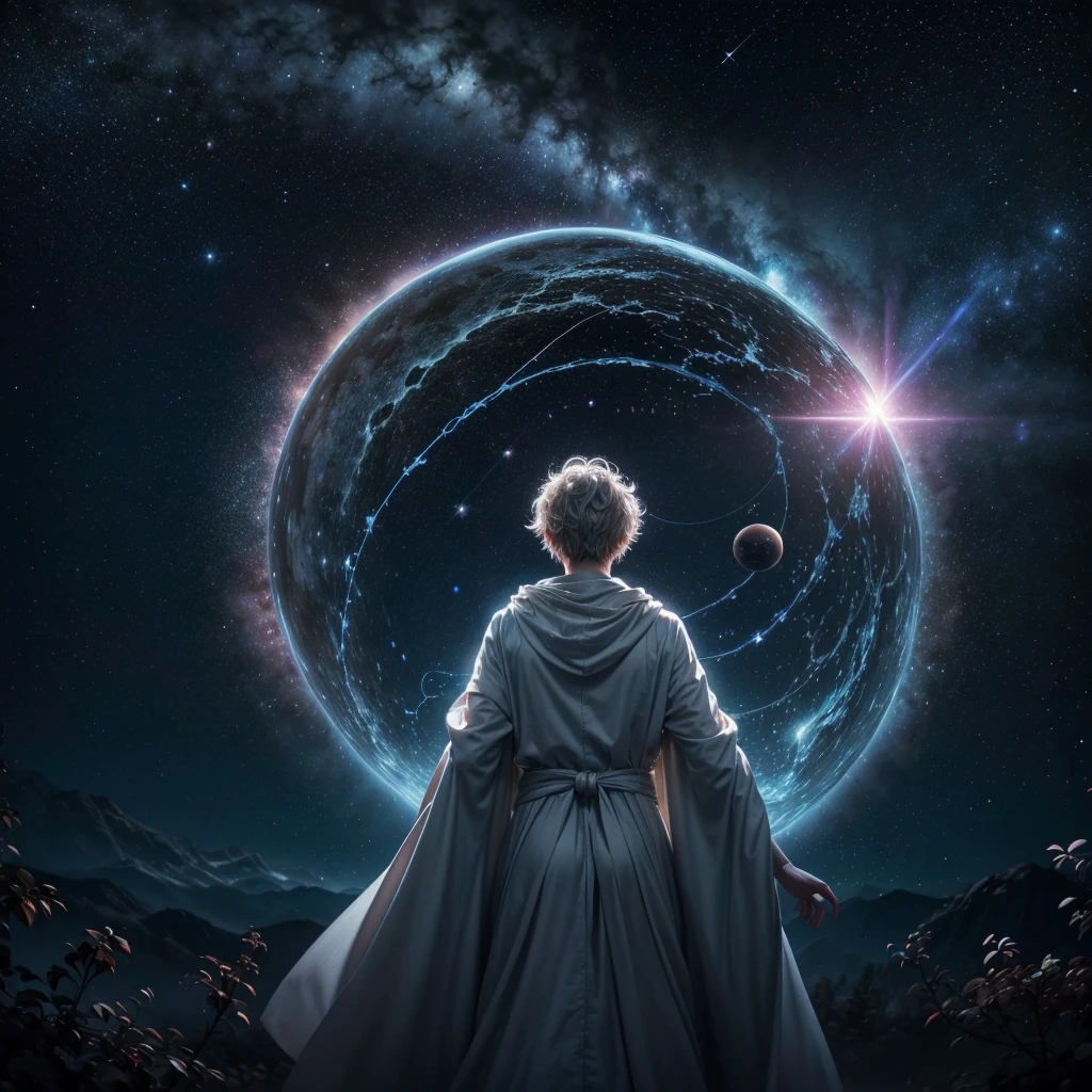 **Prompt para IA de Geração de Imagens:**
"Create an anime-style depiction of Genos, the Spacefaring Wanderer, a celestial spirit with a mysterious and ancient aura. He has a tall and slender build, with smooth, metallic silver skin that glows faintly under starlight. His eyes are deep voids of shimmering galaxies, filled with a calm, infinite wisdom. Genos wears a long, flowing robe made of dark, ethereal fabric that seems to contain constellations and nebulae, swirling slowly as he moves. His hair is a flowing, luminescent white, cascading like liquid stardust down his back. He wields a staff that resembles a fragment of an ancient, cosmic tree, with branches that reach out, holding small, glowing orbs representing distant planets. The background should depict a serene, star-filled cosmos, with distant planets and astral phenomena adding to the sense of his eternal journey through the universe."