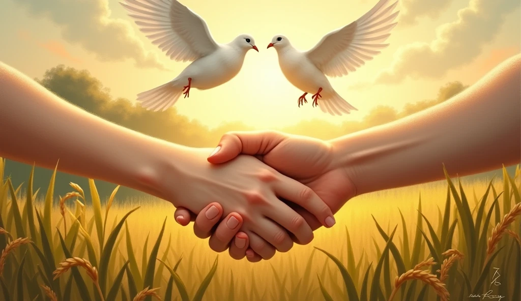 Rice and corn cultivation fund, hands clasped below the image, two doves flying on top, position the textual phrase "FAITH IN GOD IS LANDED".
