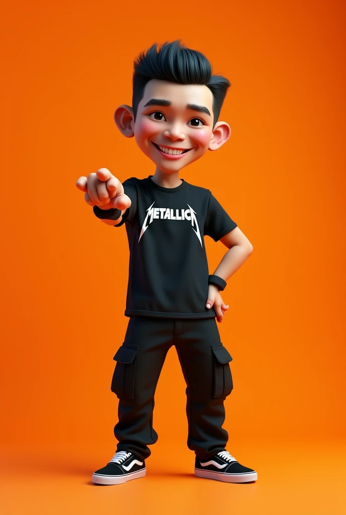 4d caricature,big head,Indonesian man 3 ,Neat middle parted straight hair,grinning,wearing a black metallica t-shirt,black cargo pants,vans shoes,rocker style makeup,pointing finger forward,wide angle,plain orange begron,ultrahd,hyper realistic,ultra detail,super image quality,16k