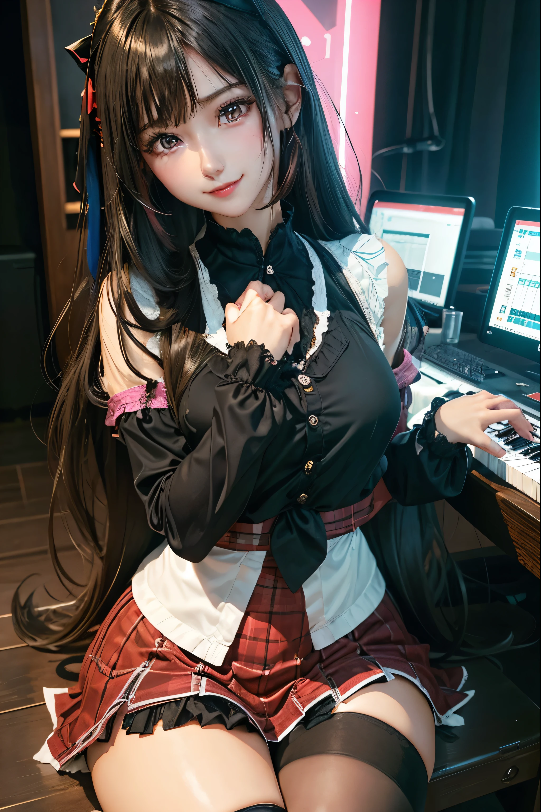 high school girlブレザー、high school girl、Red checked skirt、JK Style、Jacket、smile、garter、Knee socks、Panty stocking、Otherworldly beauty、Really cute、boredom、Extraordinary beauty、Dark black eyeshadow、sorrow、Good skin radiance、Long Hair Straight Hair、Dark Gothic Makeup、Dark smile、Beautiful woman、Stained Glass Background、On the table、Highest quality、5 reference books、Sweat glistens on my chest、Sweat glistens on my face、Thigh sweat、sweating、Black frill East size Regular size、Dark pink hair、2、Sweat on your thighs、Sweat a lot and become sticky。、My thighs are sticky and shiny、Sweating on thighs and chest、Small breasts、Slightly slim、Sweating all over the body、ah, I play the synthesizer.、sit and play an instrument、Thin legs、Two people、Lesbian couple、hug、My girlfriend has a really cute face、My female friend has a very beautiful face.、Do lesbian play、Super straight hair、Extremely fair skin、Play the synthesizer、Sexy expression、Sitting in front of a synthesizer instrument、The expression of someone who is trying to hold back from masturbating、Panting expression、Ecstatic expression、Working with synthesizers、Playing a keyboard instrument、