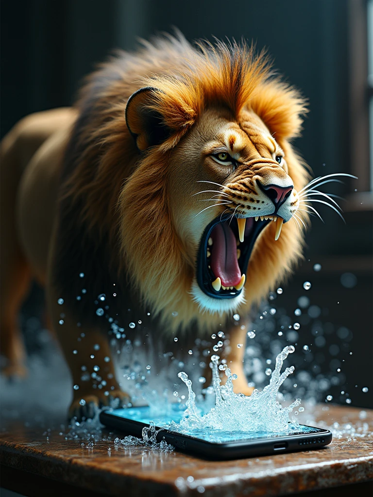 A fierce, roaring Lion in a smartphone full of water, he is getting out of the screen, with his hair and mane dripping wet, shaking his head and droplets flying Off screen, table background, very detailed, ultra realistic, best lighting, k, vivid colors, maximalistic