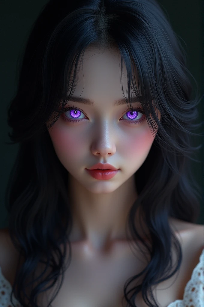 “A beautiful and charming woman with purple eyes, black hair”