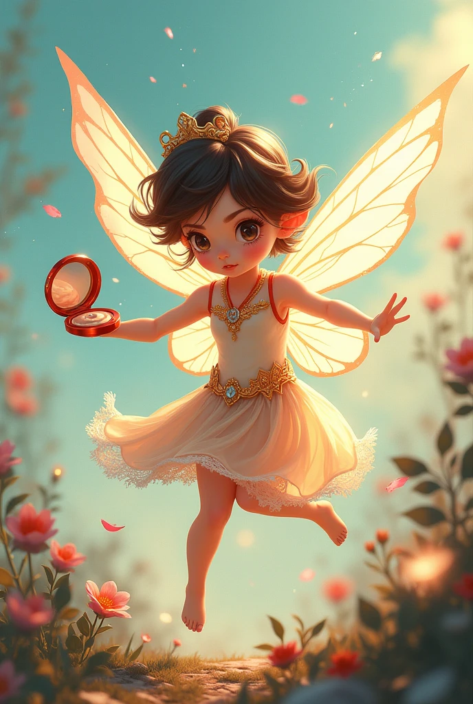 Fairy motif, wings, fluttering, mini character, girl, fighting, holding a magic compact, two-dimensional