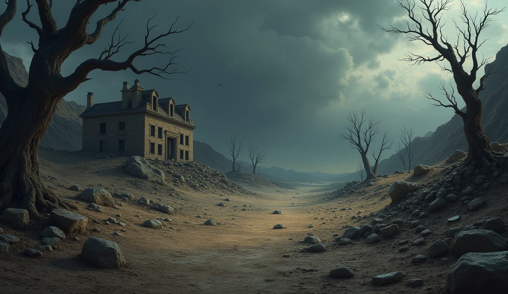 "Create an image of a desolate and bleak landscape, with arid, rocky terrain under a dark, cloudy sky. Include dry, twisted trees in an otherwise nearly lifeless environment, with the ground cracked and dry. Ao fundo, show a partially destroyed house, with collapsed walls and scattered debris, symbolizing the tragedy of Job's children who died. The setting should convey a deep sense of suffering, desolation and loss."