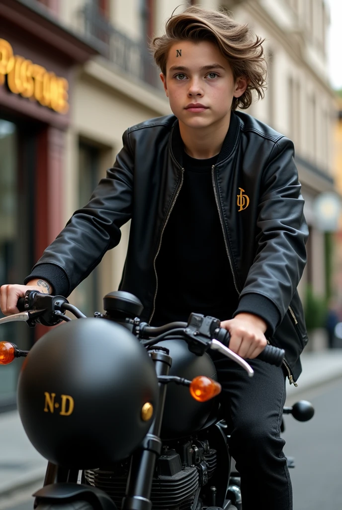 a boy driving his black bike, in front of a hotel holding his black helmet in his hand, the boy is wearing black Jacket and black T-shirt and black pants and black ankle length boots, and has tattoos on one arm and on the left side of the helmet, there's a beautiful and small sign engraved in Golden colour, which is made up with initial 'N' and 'D'. the boy is handsome, and has a half hair's pony, a realistic image.