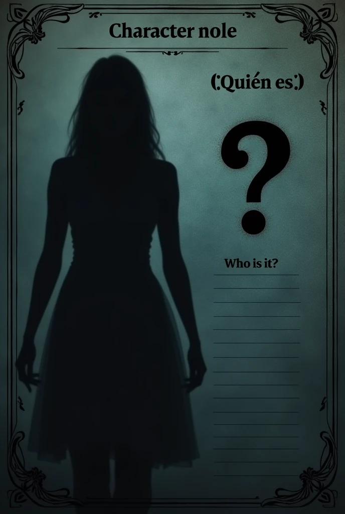 
I want you to create a template like dark to create the characters with those roles. Type you put in the character sheet template. card. And you put a little box with the shadow of someone&#39;s head and a question mark in it. That is, as a protected identity. And then you put down “Character Role”. And on the other side of the card you put &quot;Who is it??”. in Spanish. And you leave room for me to fill in the gaps. Make a shadow or silhouette of a girl.
