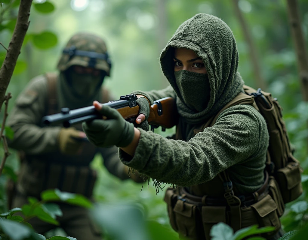 Priyanka Chopra as sniper, wearing wearing full ghillie suit, wearing full face scarf, wearing gloves, in jungle area, full body view, knife attack on enemy soldier,