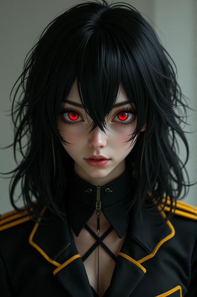 GIRL WITH MESSY LONG HAIR, RED EYES AND AN ALWAYS SERIOUS EXPRESSION AND THAT HE DOESN'T GIVE A DAMN, WITH A BLACK UNIFORM WITH YELLOW AND WHITE STRIPES