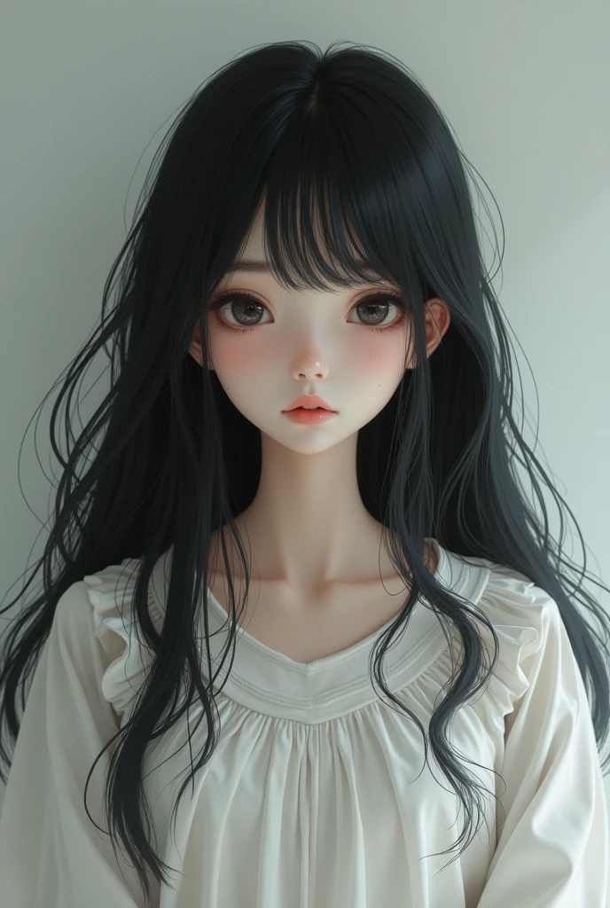 A girl with long hair and layered bangs, bankrupt heartbroken disoriented. Sad eyes. 15 years of struggling. Since childhood, always lived in negative criticism from family. She is wearing white.. She is 3 with a deep womanly experience.