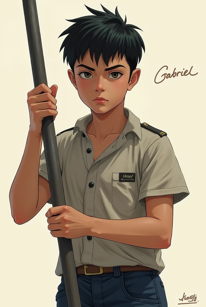 Make me a picture of a tall short-haired boy with a metal rod in his hand and in the other hand that has the name Gabriel