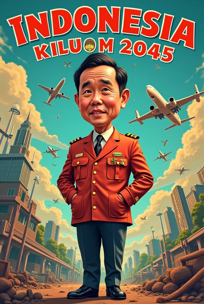 funny and sarcastic poster with the theme towards golden Indonesia 2045, there must be text

