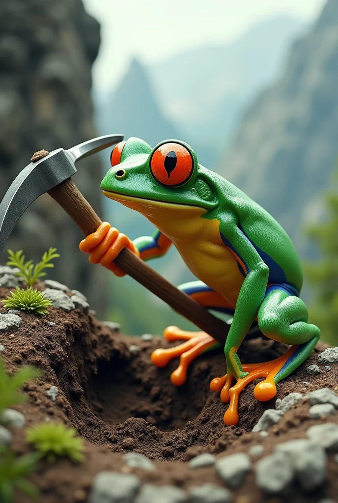 Retro Images,Storytelling,Tree frog,Ultra-realistic,high resolution,A frog is digging a hole in the mountain with a pickaxe