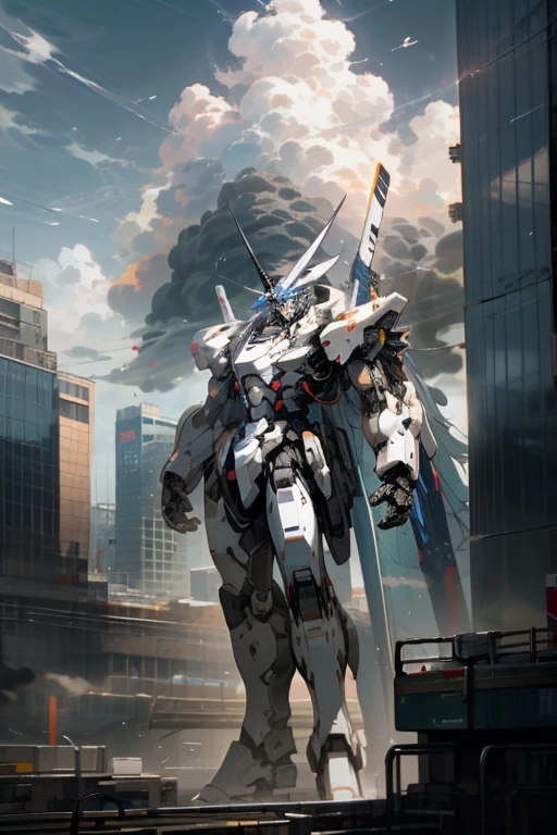 null, cloud, Holding_arms, no_human, Shine、robot, building, Shine_eye, Mecha, science_fiction, city, Realistic,Mecha、Shiden、High resolution、8k、High resolution、Very detailed、Perfect Proportions、Beautiful Art