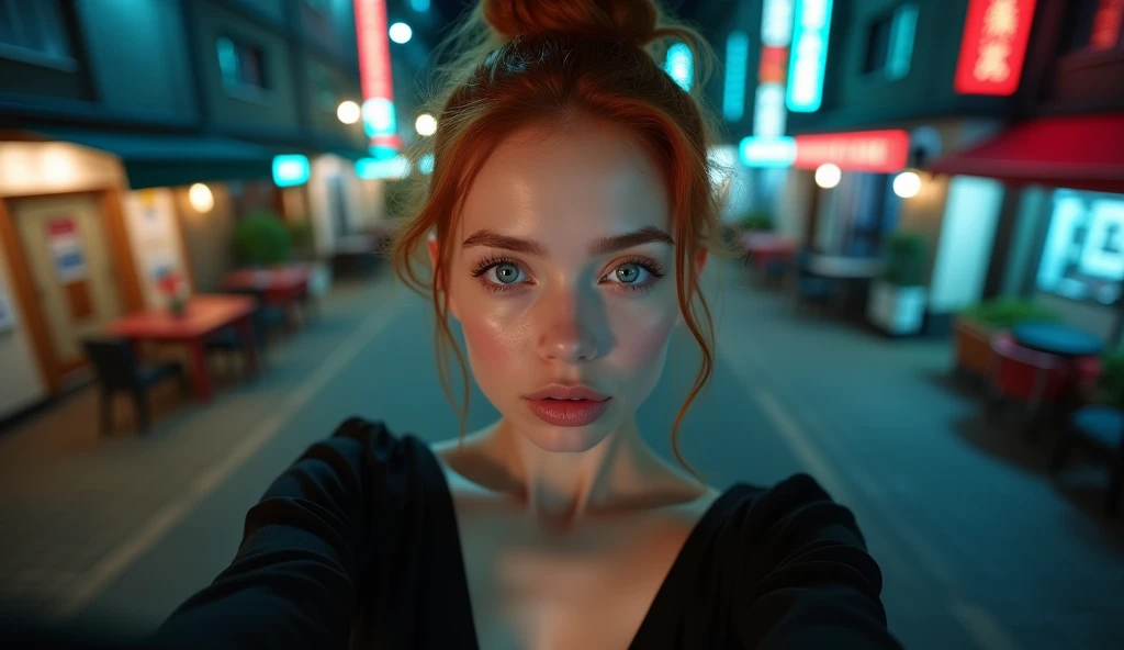 raw-photo, professional photo in UHD RAW format, (taking selfies, aerial view: 1,4), (straight half of the torso: 1,0). A 20 year old girl with a bun, natural red hair and blue eyes, parted lips. [ black gown ] [ hyper-realistic texture ], [ hyper-realistic skin texture ], [ Dark Street, natta, good lighting ]. fine-details, olhos e rosto extremamente symmetrical, extremely detailed, symmetrical, sharp piercing eyes. (city center), Fujifilm XT3, crystal-clear, center of frame, beautiful  face, sharp focus, street lamp, Neon Lighting, bokeh (dimly-lit), natta, (night sky).
