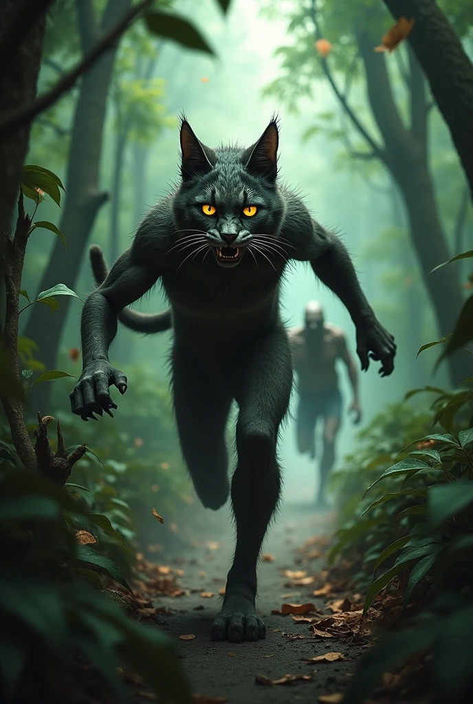 Catman Glances Back**
- Scene: A narrow jungle path, scattered leaves flying.
- Character: Catman, still running but glancing back with fear in his glowing eyes.
- Action: His expression shows worry as the zombie closes in on him.