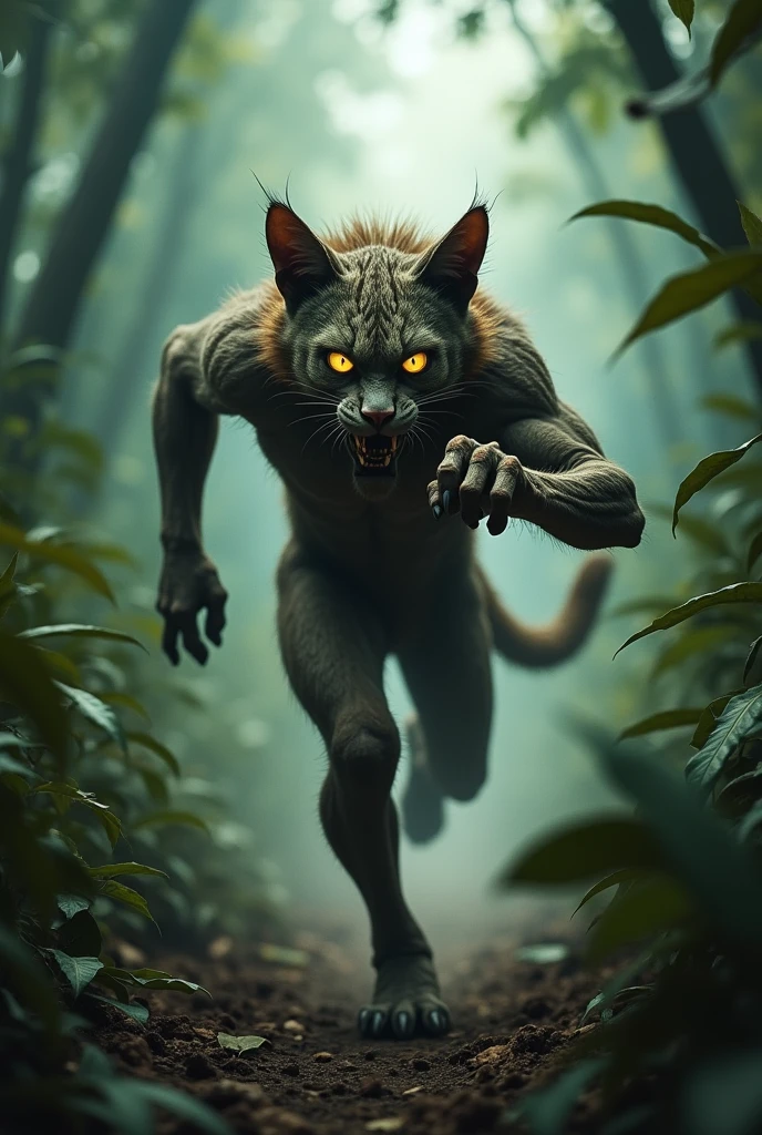Catman Glances Back**
- Scene: A narrow jungle path, scattered leaves flying.
- Character: Catman, still running but glancing back with fear in his glowing eyes.
- Action: His expression shows worry as the zombie closes in on him.
