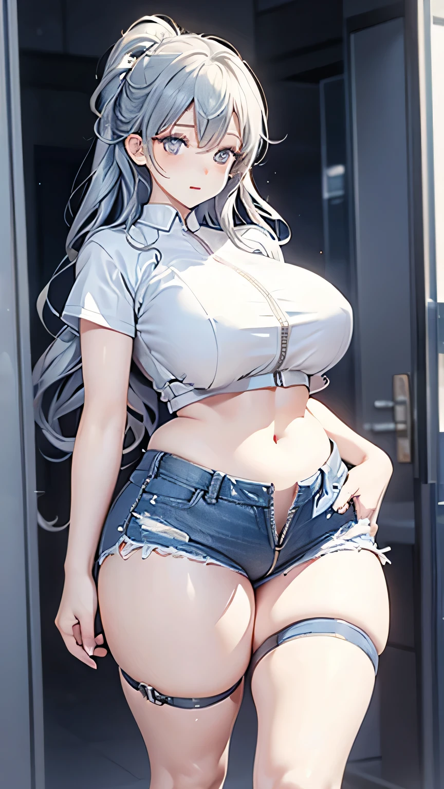 Glass Gray Translucent Lightweight Short Sleeve with Belly Knot，Plump thighs，Open crotch denim shorts，The zipper is broken，Blue and white spiral long curly hair，Leg decoration