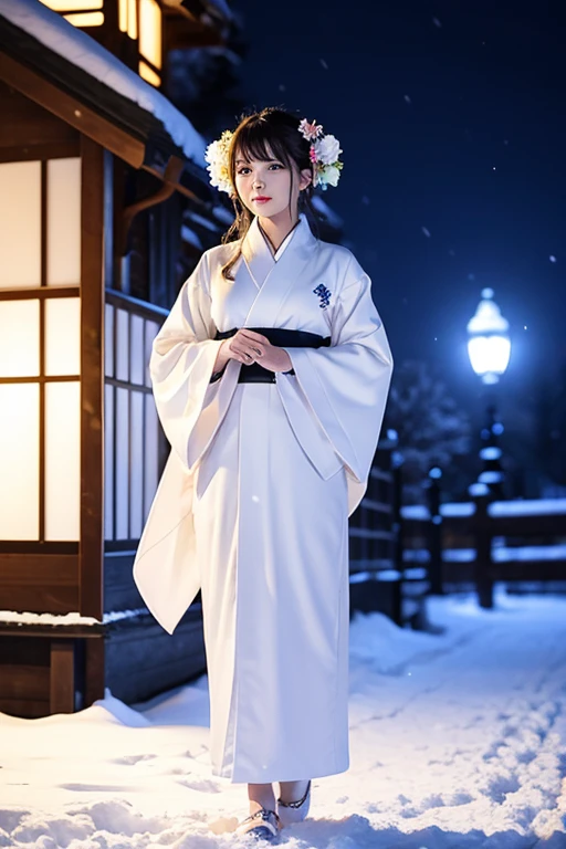female、White kimono、snow、night