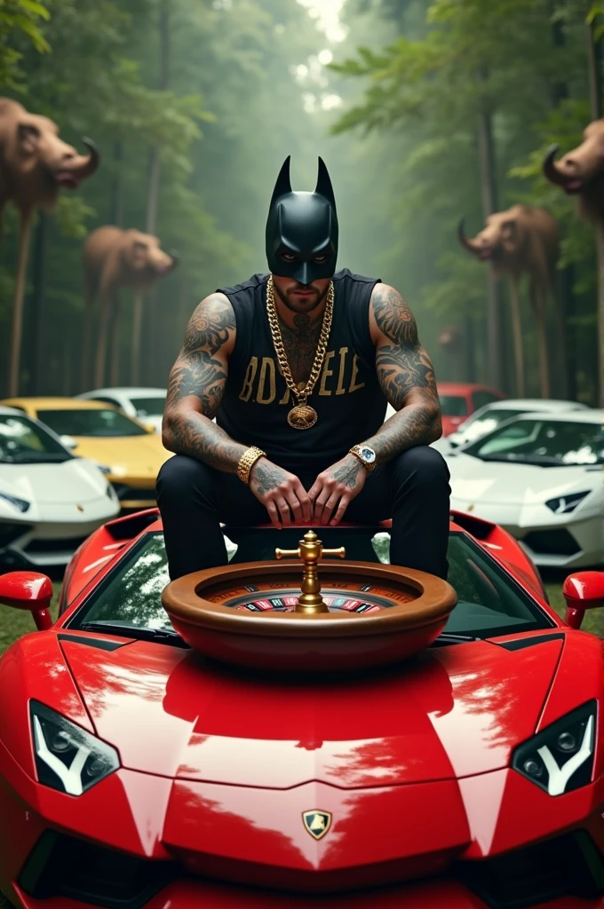 a tattooed man , with gold chain, Rolex, Batman Mask, vest with roller lettering, she on top of a red Lamborghini, with a small gold roulette on top of the car, playing roulette,several white Lamborghinis around , in a circle and the red Lamborghini in the middle in an environment with several animals in the middle of the jungle
