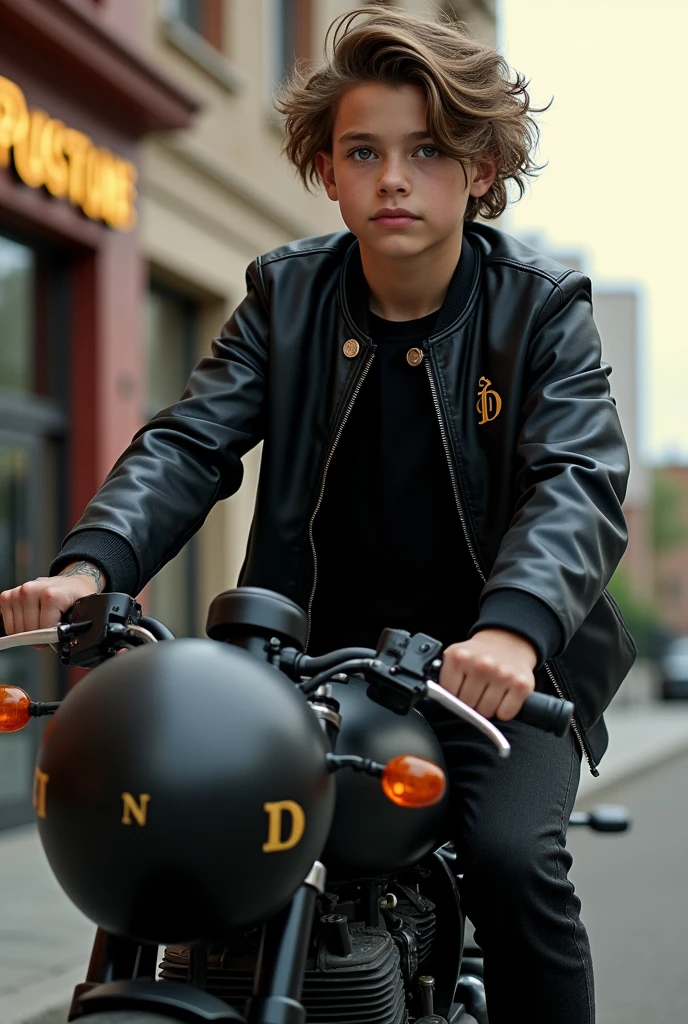 a 2 boy driving his black bike, in front of a hotel holding his black helmet in his hand, the boy is wearing black Jacket and black T-shirt and black pants and black ankle length boots, and has tattoos on one arm and on the left side of the helmet, there's a beautiful and small sign engraved in Golden colour, which is made up with initial 'N' and 'D'. the boy is handsome, and has a half hair's pony, a realistic image.