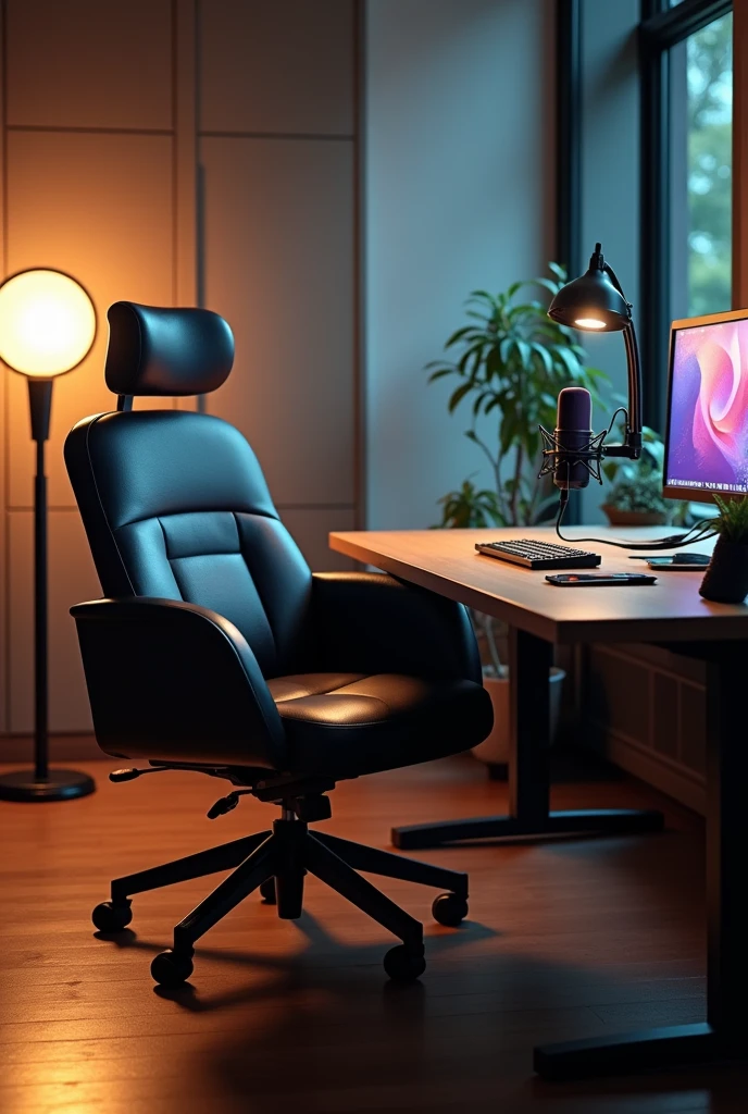studio chair on the front a table with computer and microphone 
