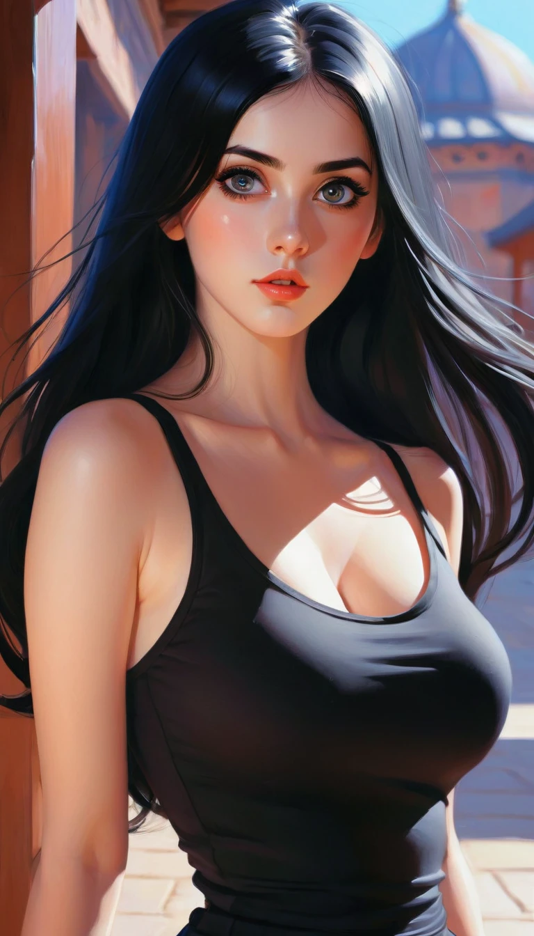 A woman with long black hair and a black top posing for a photo., Digital art by Ilya Kuvshinov, tumblr, Digital art, black hair and big eyes, Girl with black hair, wonderful dark hair, beautiful black hair, attractive girl, Beautiful art, very beautiful girl, pale skin persian girl, Beautiful art, Beautiful model girl