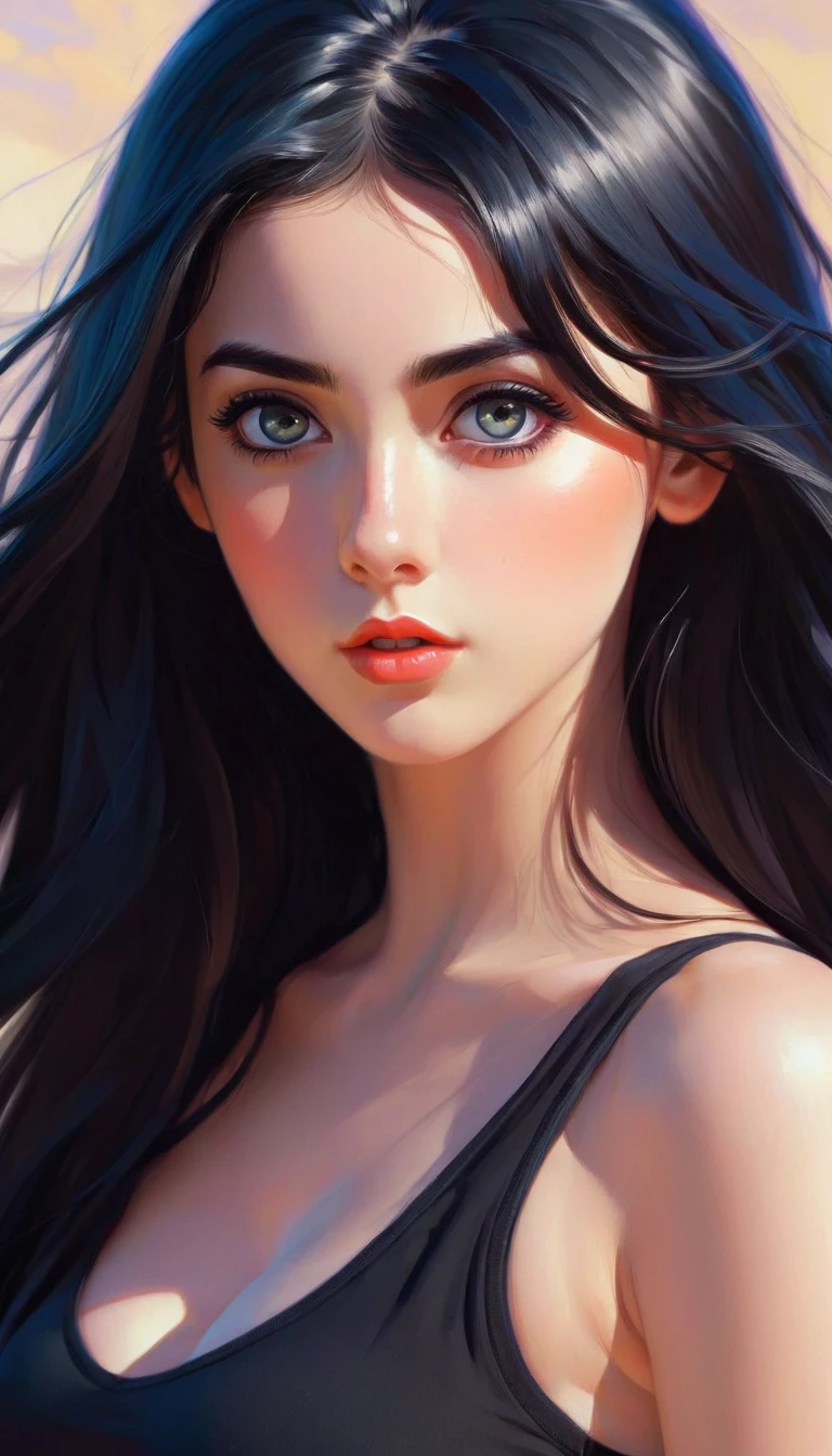 A woman with long black hair and a black top posing for a photo., Digital art by Ilya Kuvshinov, tumblr, Digital art, black hair and big eyes, Girl with black hair, wonderful dark hair, beautiful black hair, attractive girl, Beautiful art, very beautiful girl, pale skin persian girl, Beautiful art, Beautiful model girl