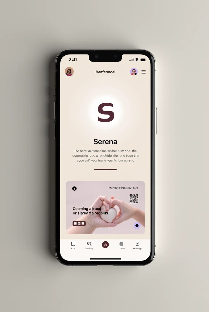 Help me generate images that represent the prototype of a mental health app called SERENA that is displayed on a cell phone, also show the name serena and qr