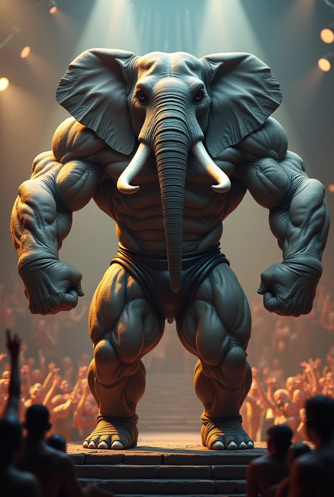 "A colossal figure of an elephant with a muscular build, participating in a bodybuilding competition. The body is well-defined with human-like arms and legs, while the head retains its elephantine features. The elephant is striking a powerful pose, showcasing its impressive physique. It is adorned with a bodybuilding competition outfit, and the background includes a stage with bright lights and an enthusiastic audience."