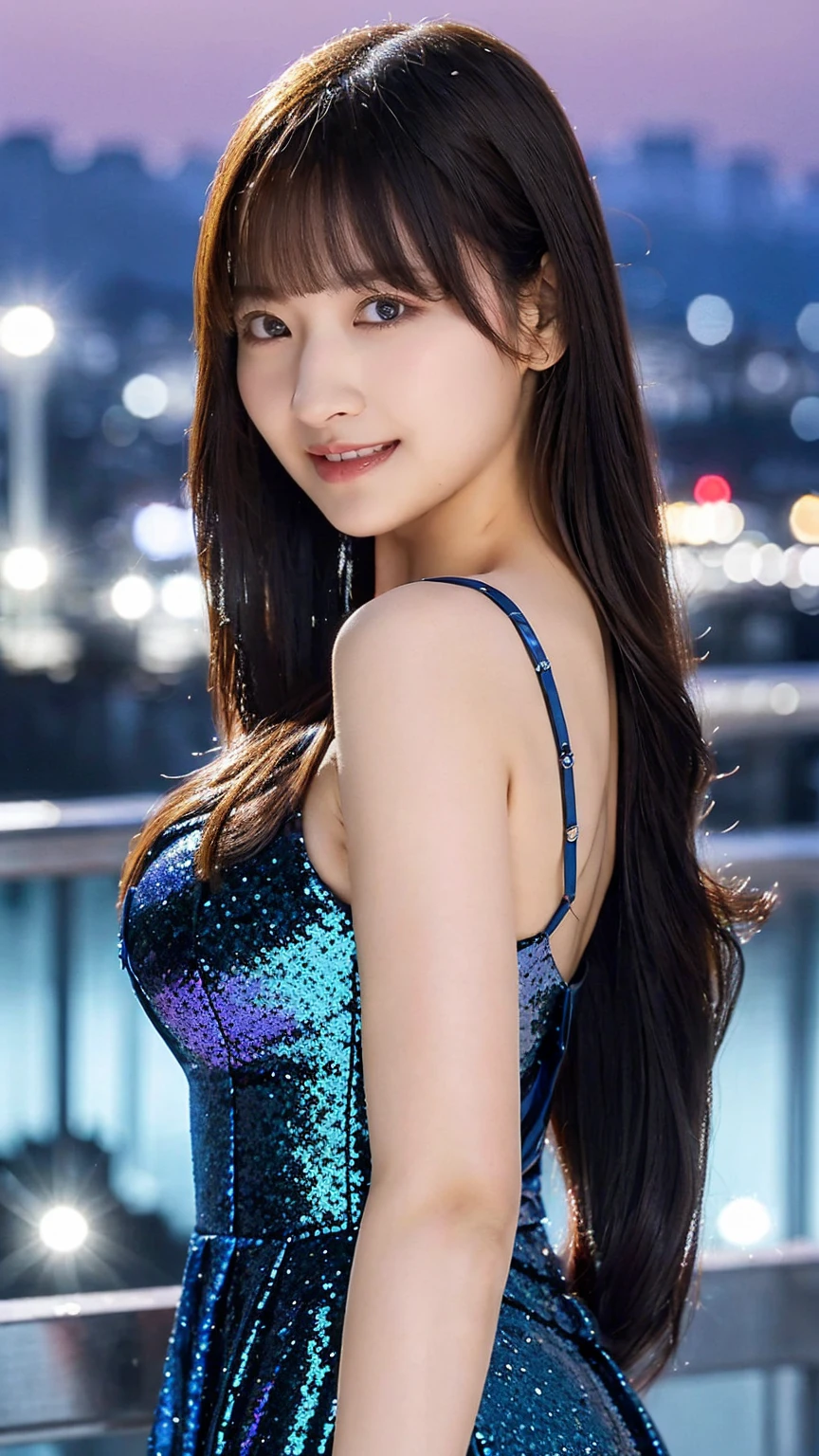 1girl,(wearing a blue glittery evening dress:1.2),(RAW photo, best quality), (realistic, photo-realistic:1.4), masterpiece, an extremely delicate and beautiful, extremely detailed, 2k wallpaper, Amazing, finely detail, extremely detailed CG unity 8k wallpaper, ultra-detailed, highres, soft light, beautiful detailed girl, extremely detailed eyes and face, beautiful detailed nose, beautiful detailed eyes,cinematic lighting,city lights at night,perfect anatomy,slender body,light smile,close up,(long hair with bangs), tight breast