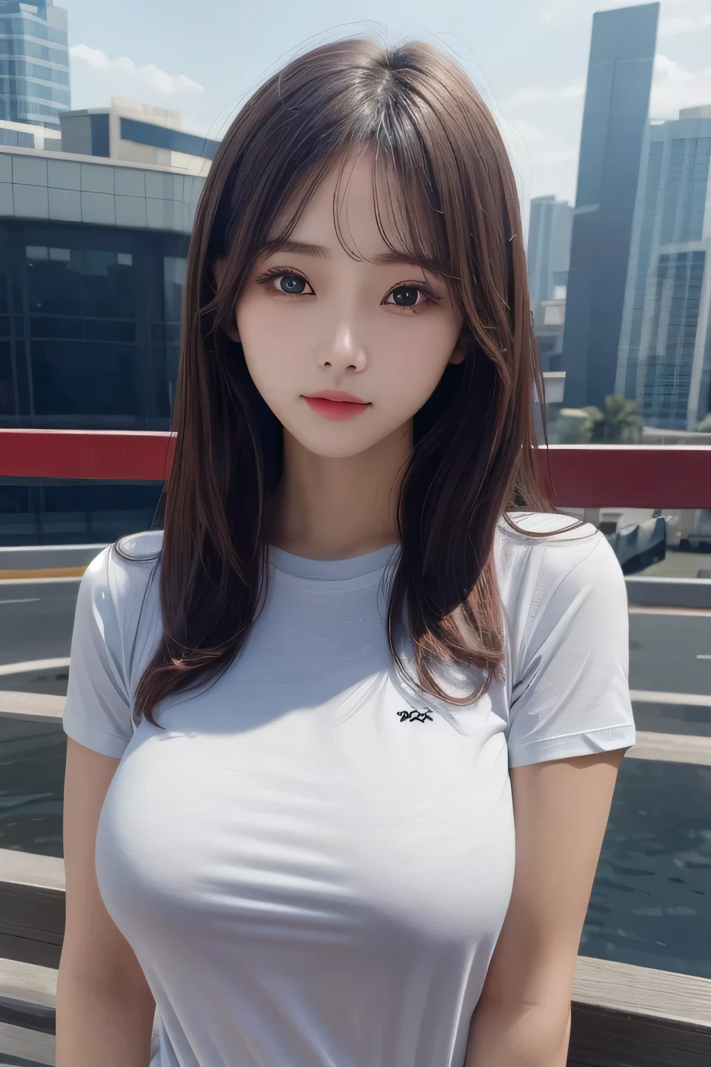 One Girl, 1 person,Highest quality,High resolution,超High resolution,8k,Realistic,Upper Body,encounter_audience,Large Breasts, the body is slim,(Y-shirt :1.2)