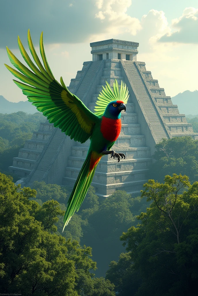 Quetzal, national bird, flying over the Great Tikal pyramid of Guatemala 