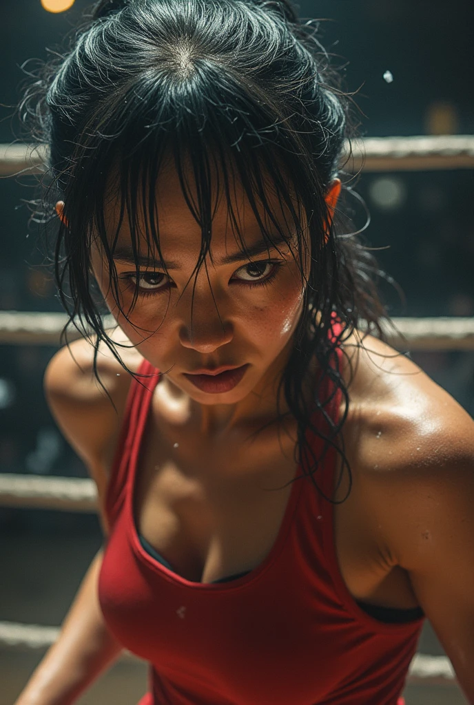 a beautifull Japanese female kick boxer vomiting in the ring with visible vomit and saliva, athletic body, very sweaty